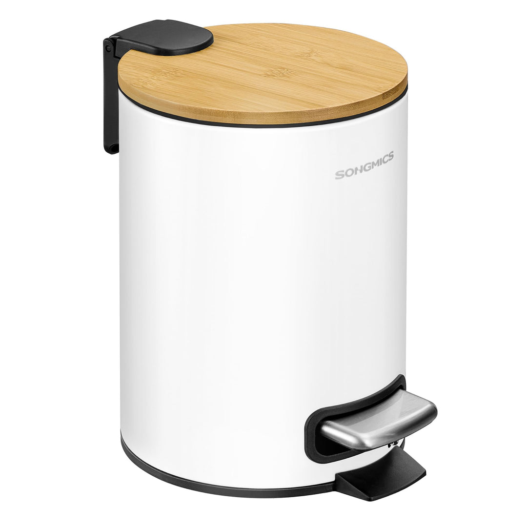 SONGMICS Kosmetikeimer, Mülleimer Bad, mit Deckel aus Bambus, Tretmülleimer mit Metallpedal, Innenei