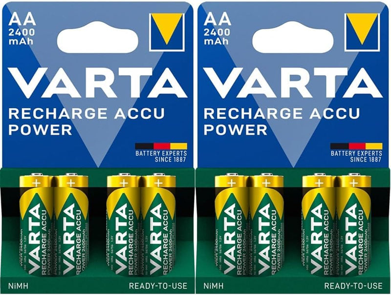 VARTA Batterien AA, wiederaufladbar, 4 Stück, Recharge Accu Power, Akku, 2400 mAh NI-MH, ohne Memory