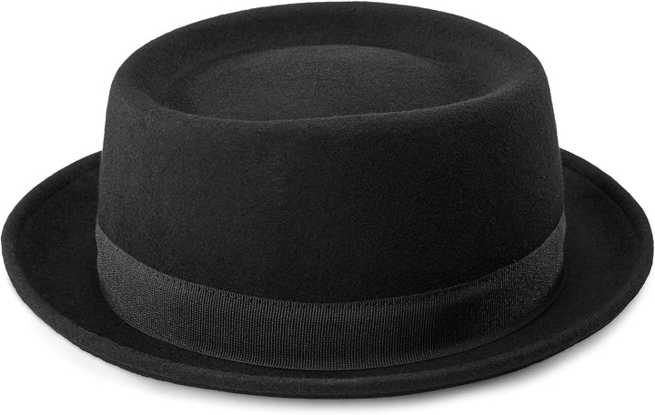 Pork Pie Hut für Herren, schwarze Wolle, flache Oberseite, Fedora-Hut, Trilby-Hut, Unisex, Porkpie-H