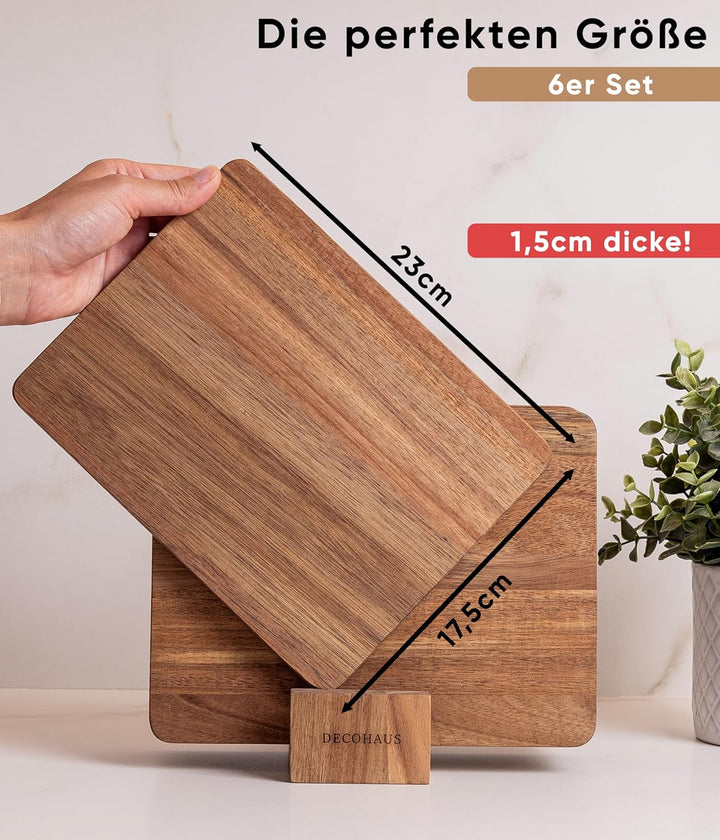 Deco haus Frühstücksbrettchen holz 6er set [1,5cm DICKE] - Schneidebrett holz Klein 23 x 17,5 cm - H