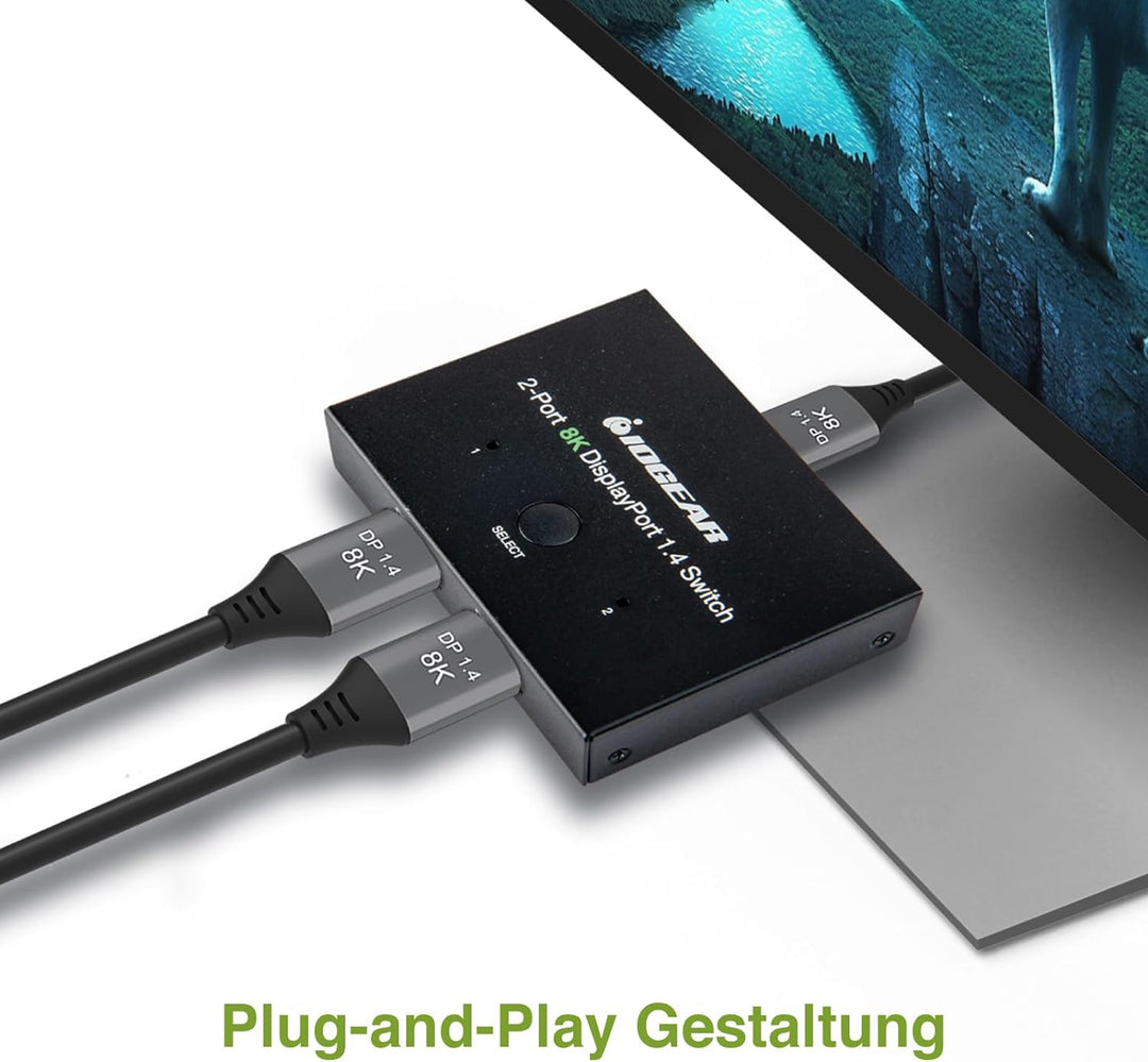 IOGEAR Displayport Switch, 8K Displayport 1.4 Splitter, 2 Eingänge 1 Ausgang 8K@60Hz 4K@120Hz Konver