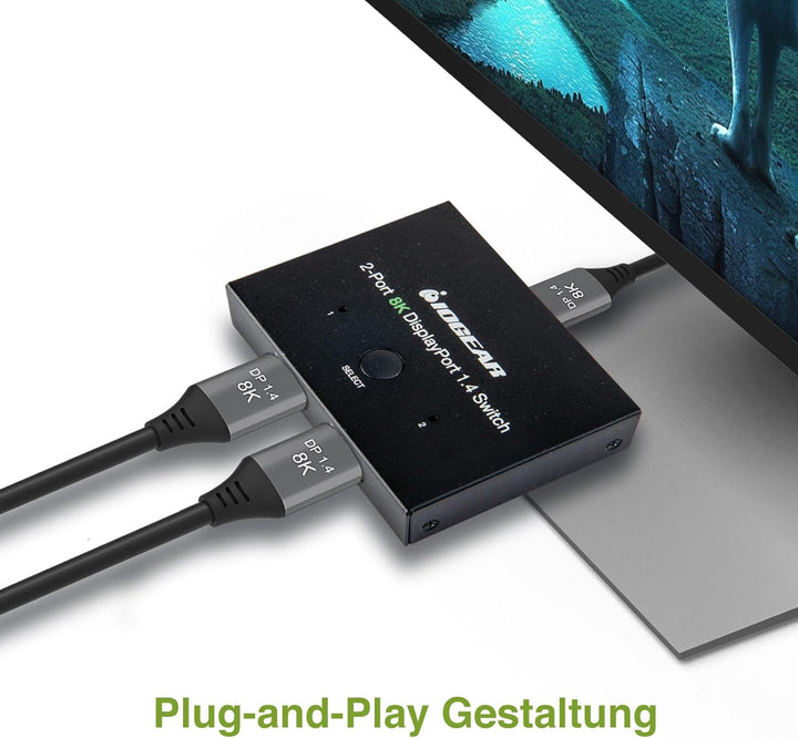 IOGEAR Displayport Switch, 8K Displayport 1.4 Splitter, 2 Eingänge 1 Ausgang 8K@60Hz 4K@120Hz Konver