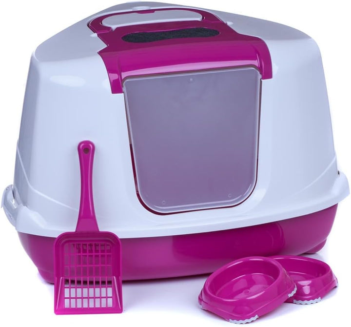Katzentoilette Flip Corner pink + Streuschaufel + 2 Näpfe, pink