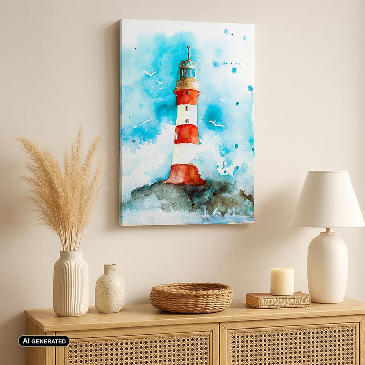 Bilder auf Leinwand Leuchtturm Wasser Illustration Welle Leinwandbild mit Rahmen 45x80cm Wandbilder