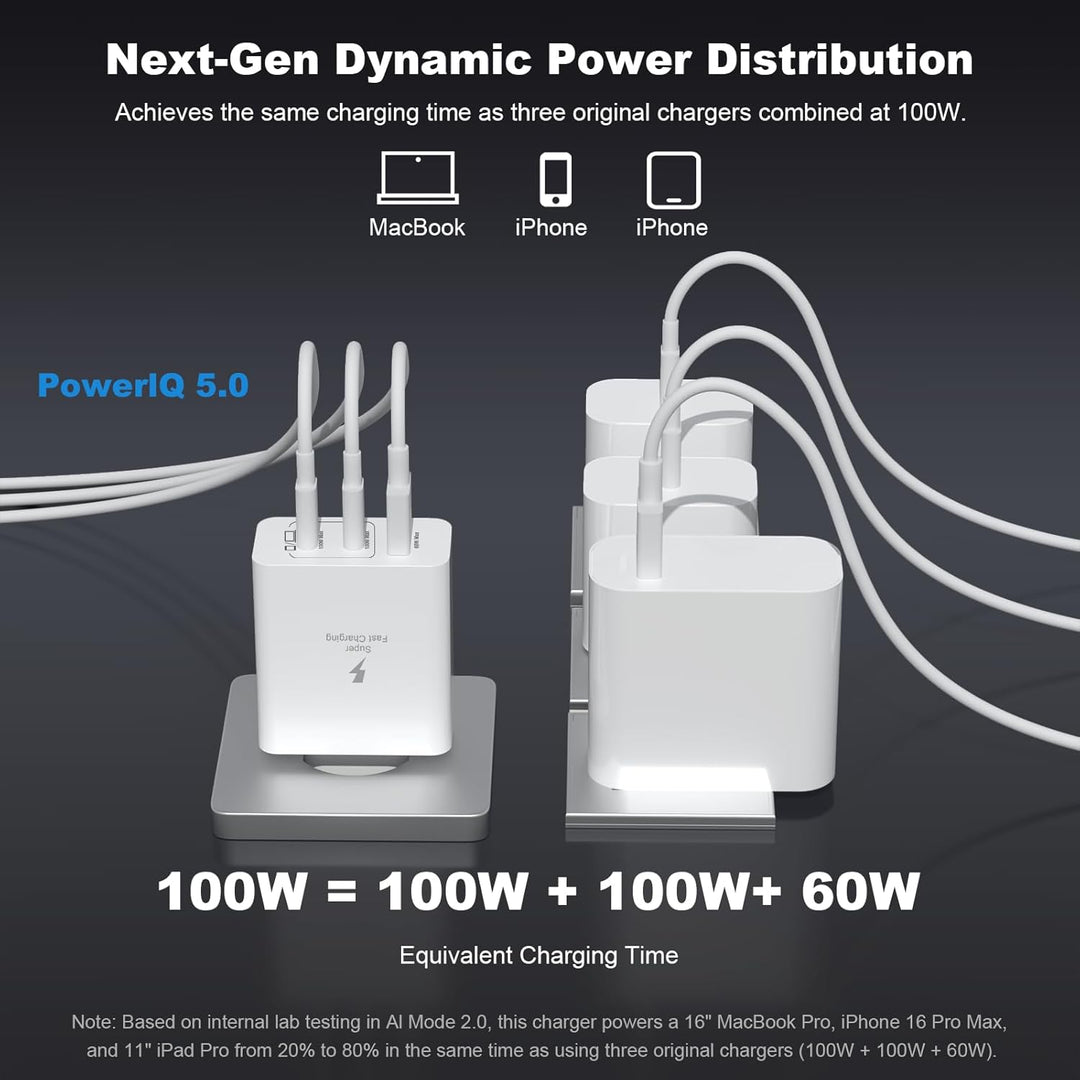 100W USB C Ladegerät, 3-Port GaN Schnellladegerät mit USB C & Lightning Kabel Mehrfach Ladegerät Kom