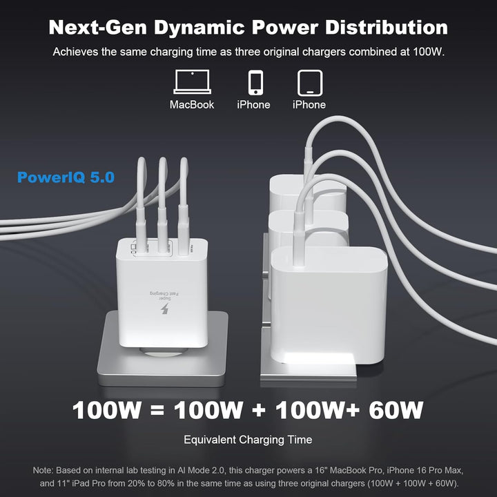 100W USB C Ladegerät, 3-Port GaN Schnellladegerät mit USB C & Lightning Kabel Mehrfach Ladegerät Kom