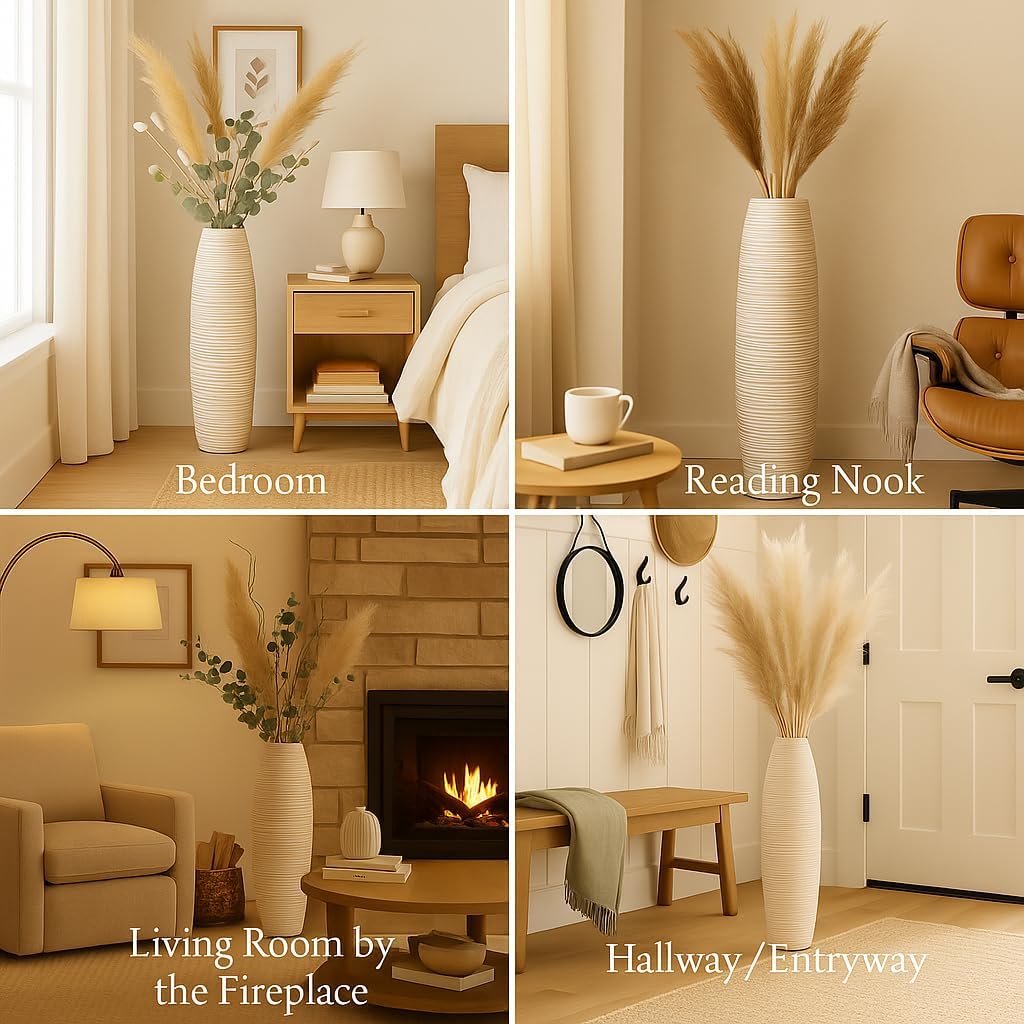 Leewadee Grosse Bodenvase für Dekozweige hohe Standvase Design Holzvase, Holz, 70 cm, White Wash 70