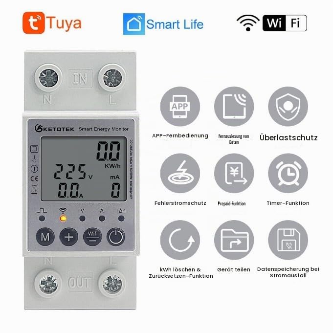 KETOTEK Smart 1 Phasig Stromzähler Hutschiene Digitale LCD Energiezähler KWh Zähler WLAN Fernbedienu