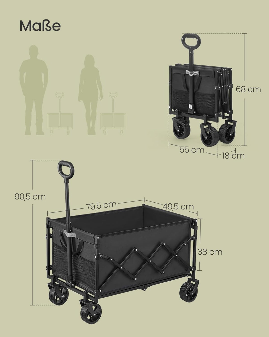 SONGMICS Kleiner Handwagen faltbar, Gartenwagen, kompakt, mit Griff, mit 4 verstärkten Rollen, Davon