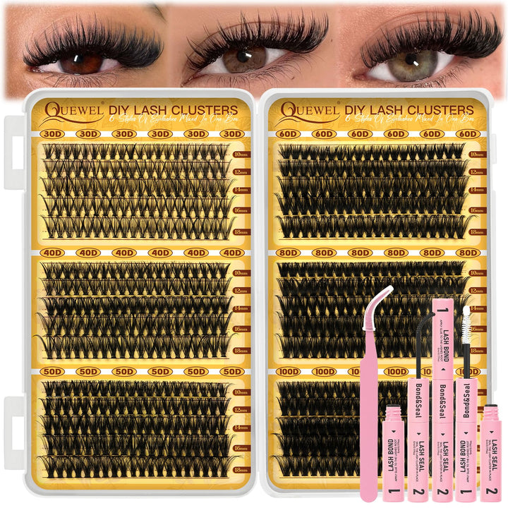 QUEWEL Wimpern Extensions Set, gemischte Längen 10-18 mm Lash Cluster, dicke Lash Extension Set mit