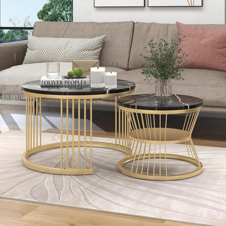 Merax Couchtisch Runder 2er Set, Moderne Nesting Kaffeetisch, Wohnzimmertisch, Sofatisch, Metallrahm