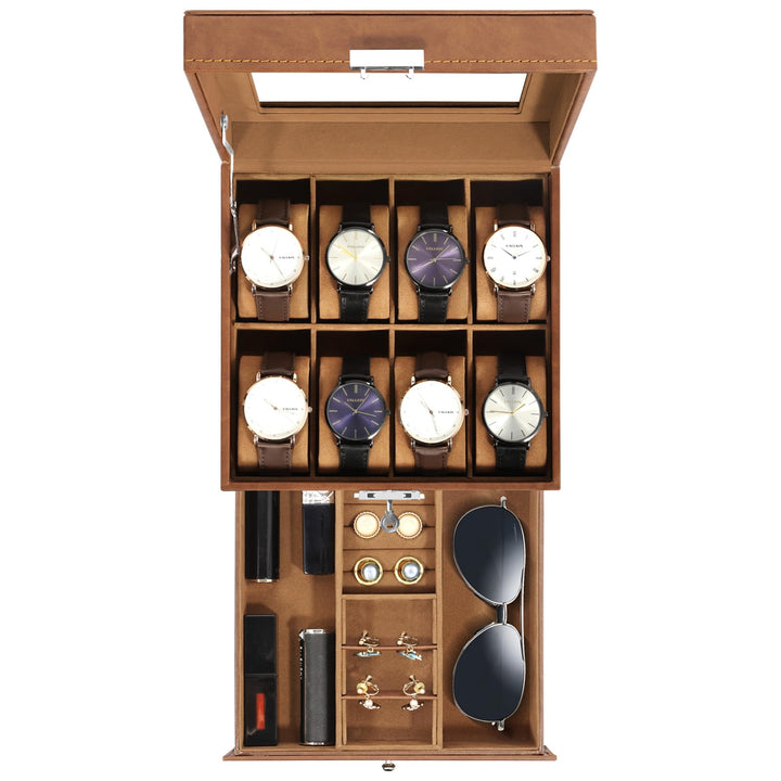 Uten Uhrenbox, 8 Fächern und 1 Schublade mit Schlüsselschloss, Glasdeckel, Braunes PU, Braunes Samtf
