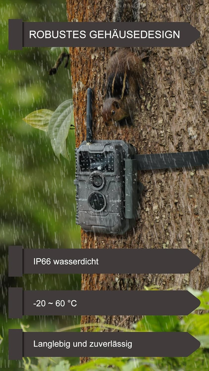 GardePro E6P Wildkamera WLAN, Wiederaufladbare 8000mAh Batterie 64MP 1296P, Wildtierkamera mit beweg