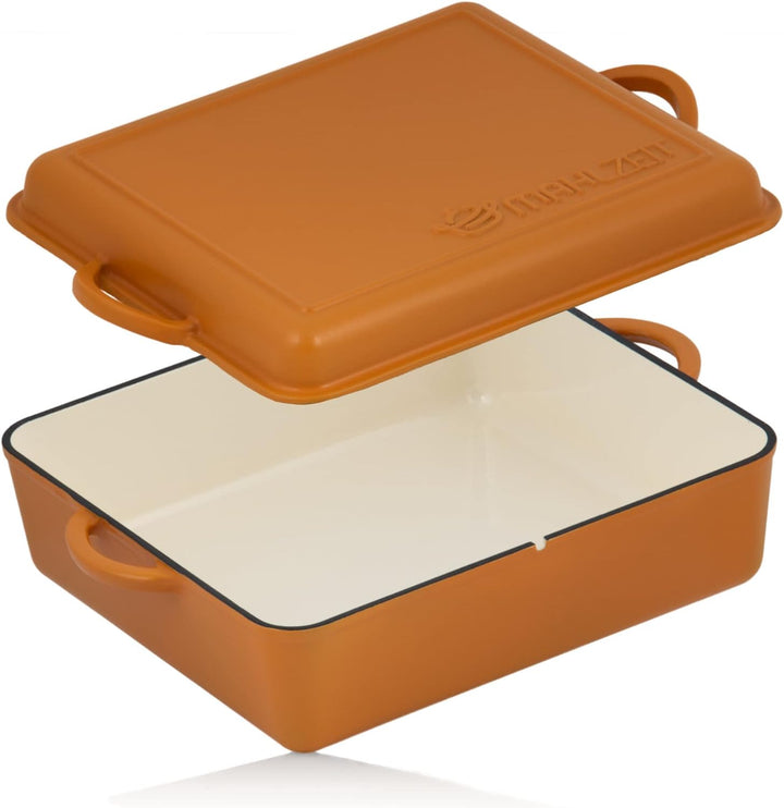 Mahlzeit Gusseisen Bräter emailliert | 10,8 Liter | Sunny Orange | Bräter 2in1 mit Bratpfanne | Brät