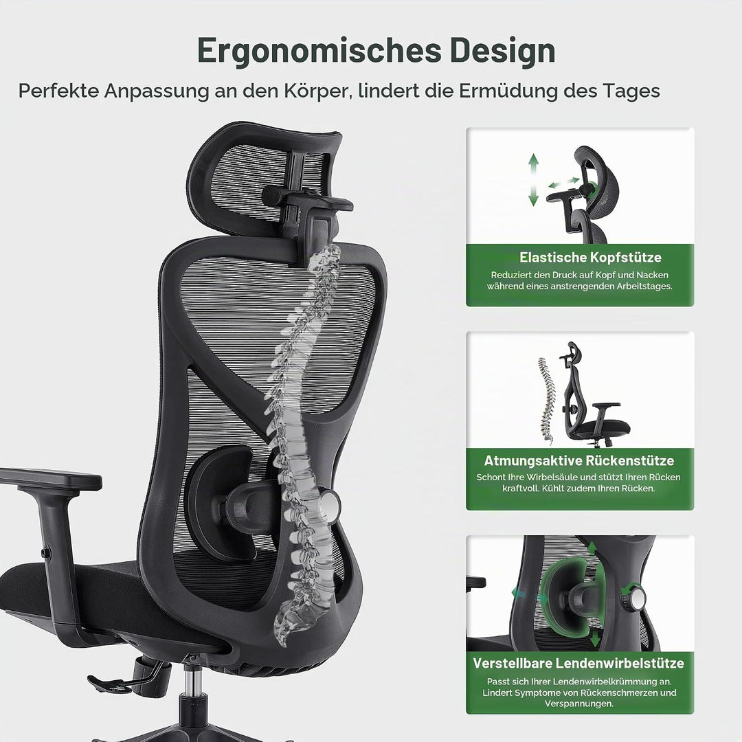 CALIYO G-1635H Bürostuhl Ergonomisch, Schreibtischstuhl mit Verstellbarer Kopfstütze, Armlehnen, Len