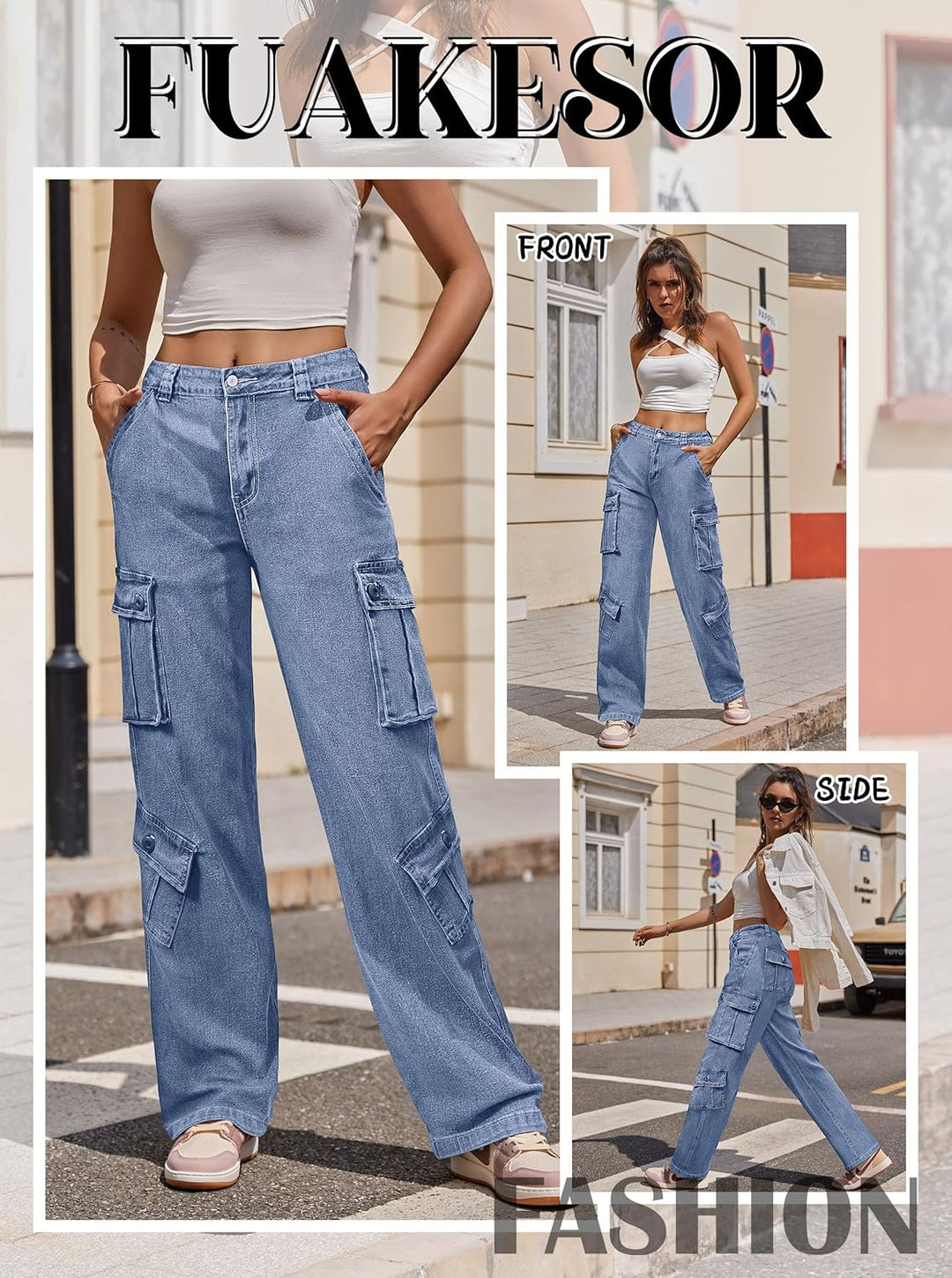 Cargohose Damen Baggy Y2K Multi Taschen High Waist Stretch Wanderhose Sport Jogginghose mit Elastisc