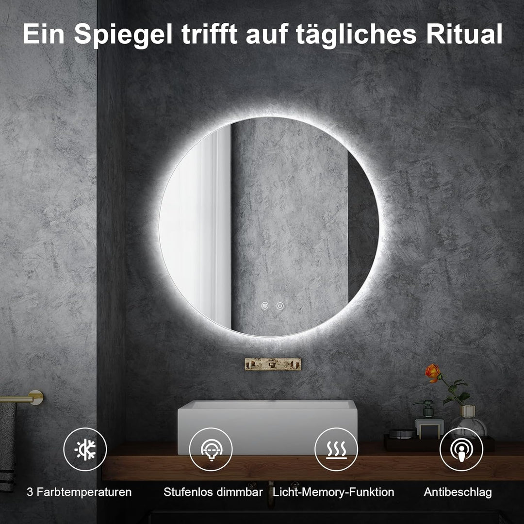 AllRight LED Spiegel Bad mit Beleuchtung 60cm Rund - Touch-Schalter, Beschlagfrei - Badezimmerspiege