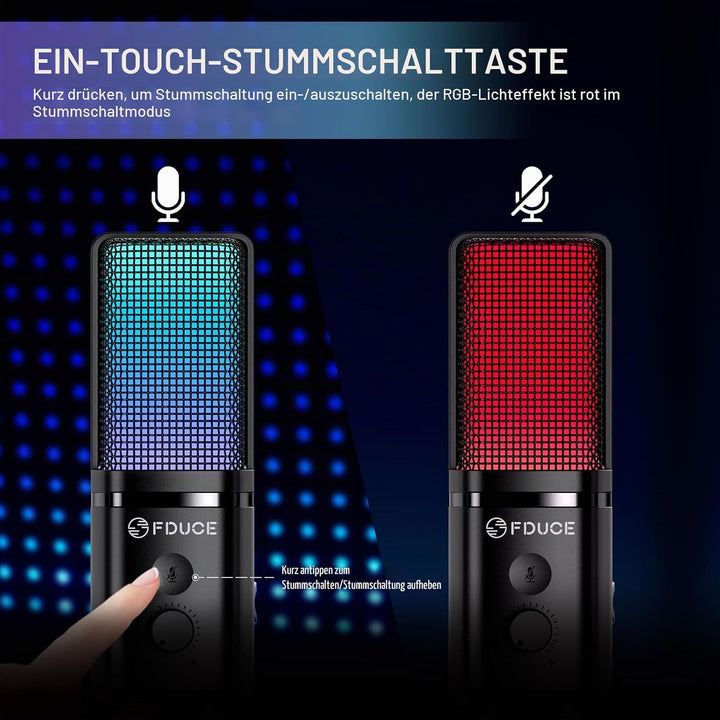 FDUCE Kondensatormikrofon mit Stativ, Lautstärkeregelung und Stummschaltfunktion, kompatibel mit PC,