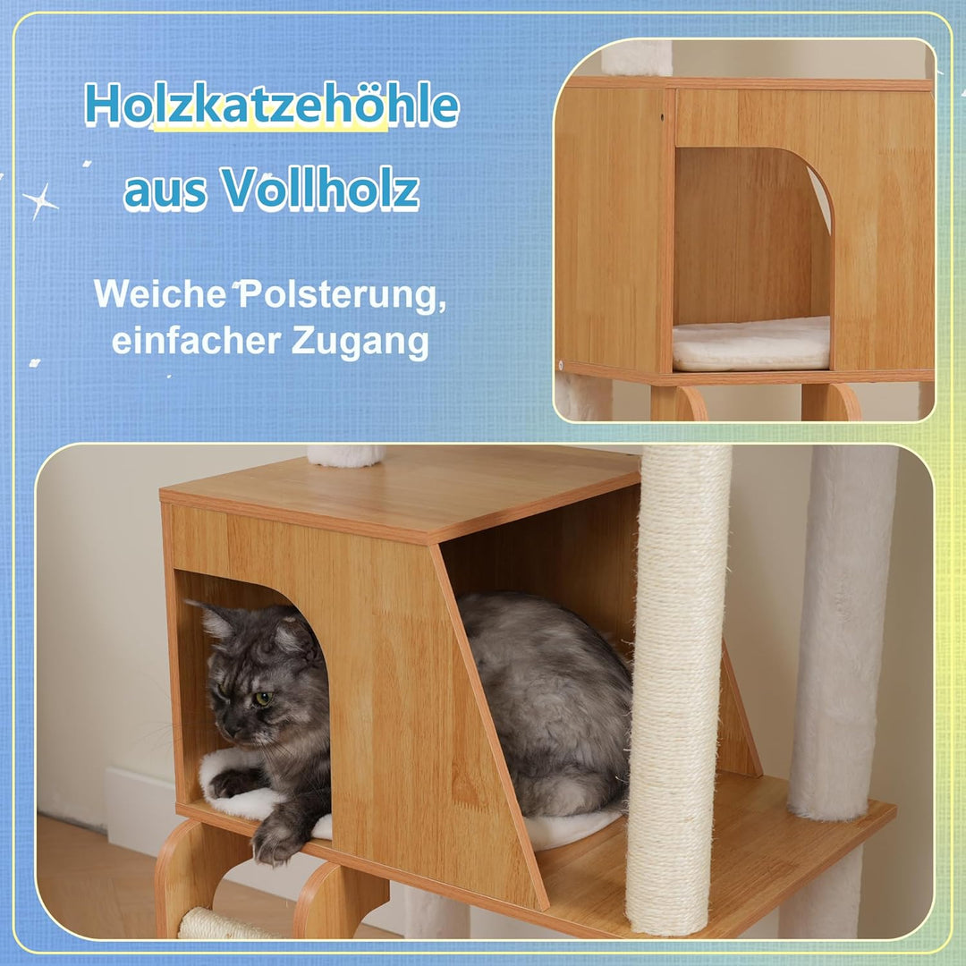 Hey-brother Holz Kratzbaum, 184cm Katzenbaum für Grosskatze, mehrstöckiger Stabil Katzenkratzbaum Mi