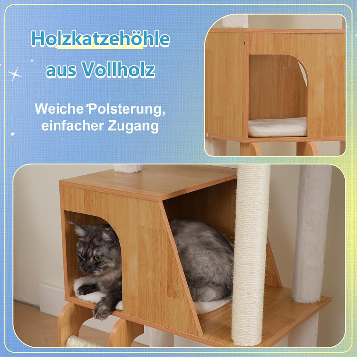 Hey-brother Holz Kratzbaum, 184cm Katzenbaum für Grosskatze, mehrstöckiger Stabil Katzenkratzbaum Mi
