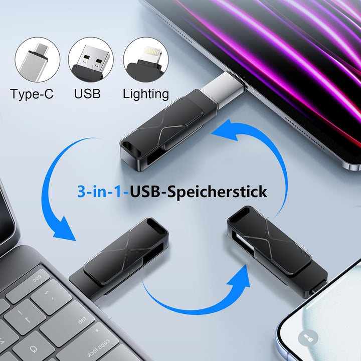 USB-Stick 256GB für iPhone iPad, MFi-zertifizierter Lightning 3-in-1 Externer Speicherstick, USB-Fla