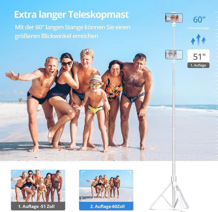 ATUMTEK 150CM Selfie Stick, TikTok Selfie-Stick mit Hochbelastbarem Aluminium und Rutschfesten Handy