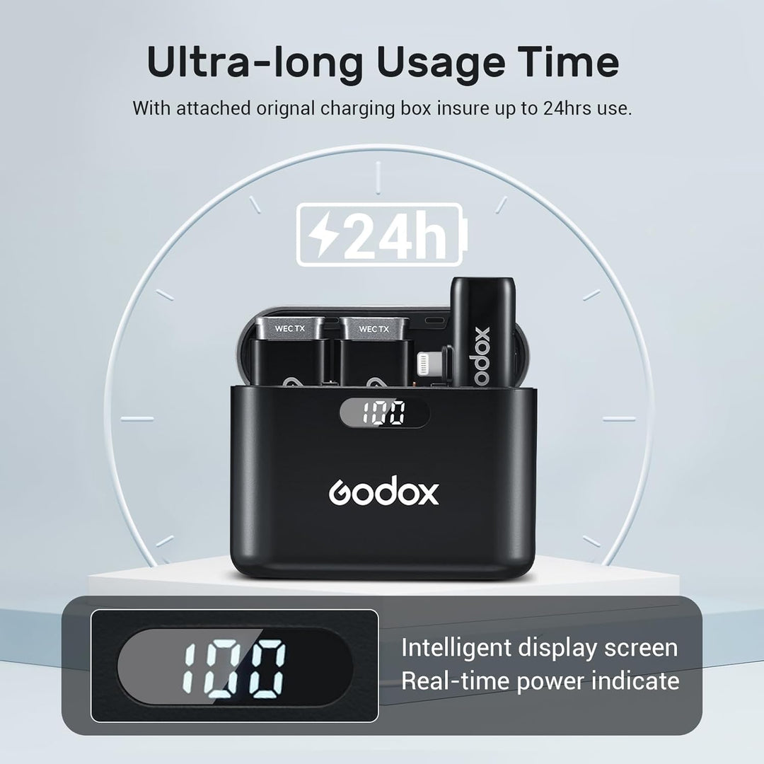 Godox WES1 Kit2 Kabelloses Lavalier-Mikrofon für iPhone/Lightning,8 Stunden Akkulaufzeit, Zweikanal-