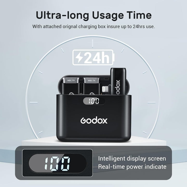 Godox WES1 Kit2 Kabelloses Lavalier-Mikrofon für iPhone/Lightning,8 Stunden Akkulaufzeit, Zweikanal-