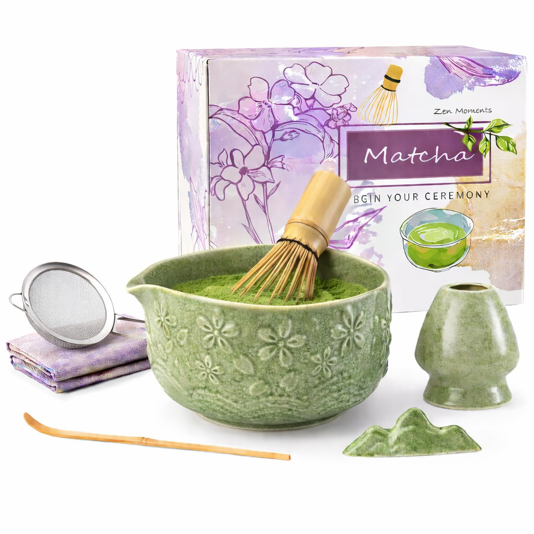 7PCS Matcha Set，500ML Ceramic Matcha Bowl with Spout，Matcha Broom and Holder, Bamboo Scoop, Stainles