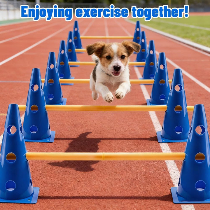 Steckhürden Set für Agility Training, 5 Stück Hindernisse mit 10 Kegel 23cm Höhe und 5 Stangen 80cm