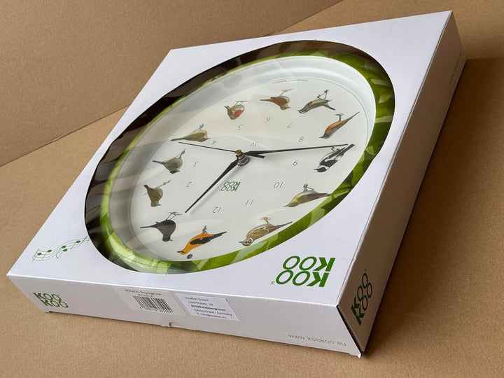 KOOKOO Singvögel Quarzwerk Leaf, Die Singende Vogeluhr, runde Wanduhr mit natürlichen Vogelstimmen,