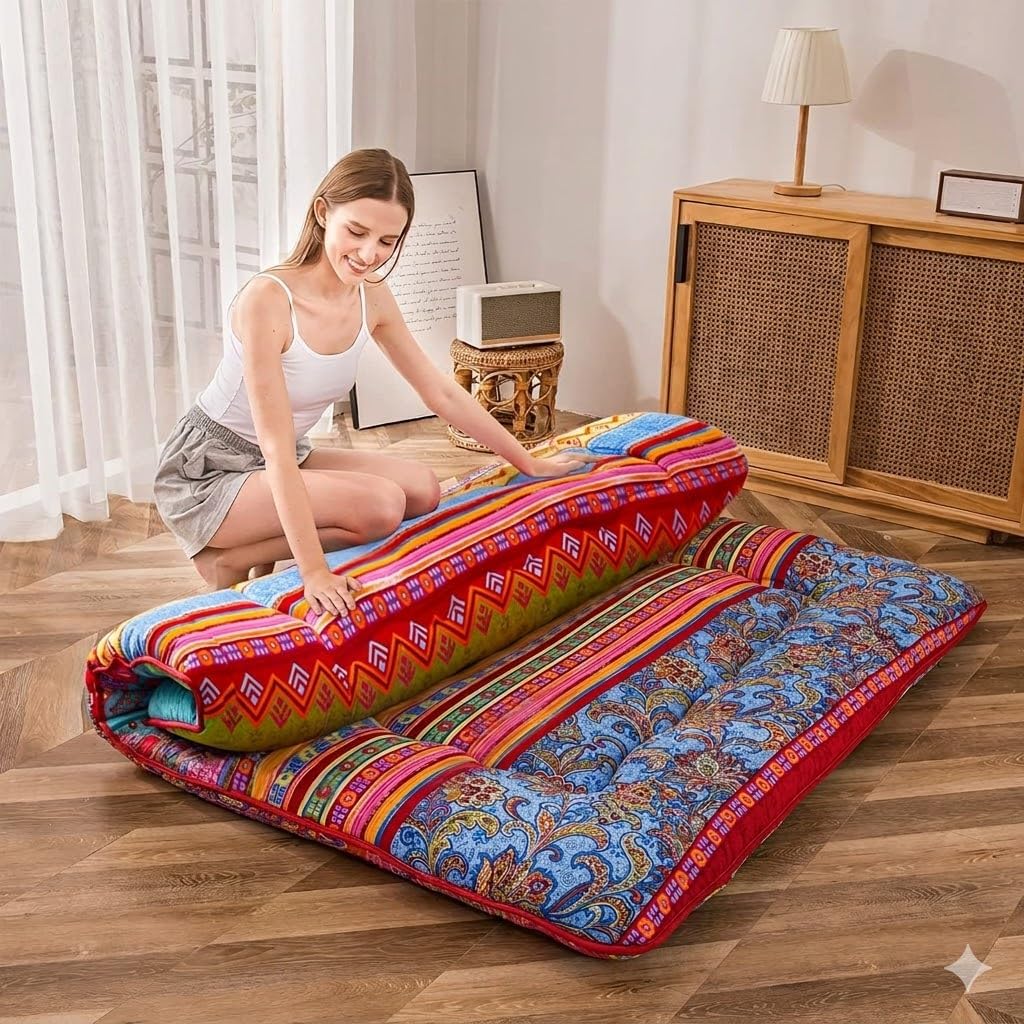 MAXYOYO Böhmische Retro-Bodenmatratze, Vintage-Blumenmuster, japanische Futon-Matratze, aufrollbar,