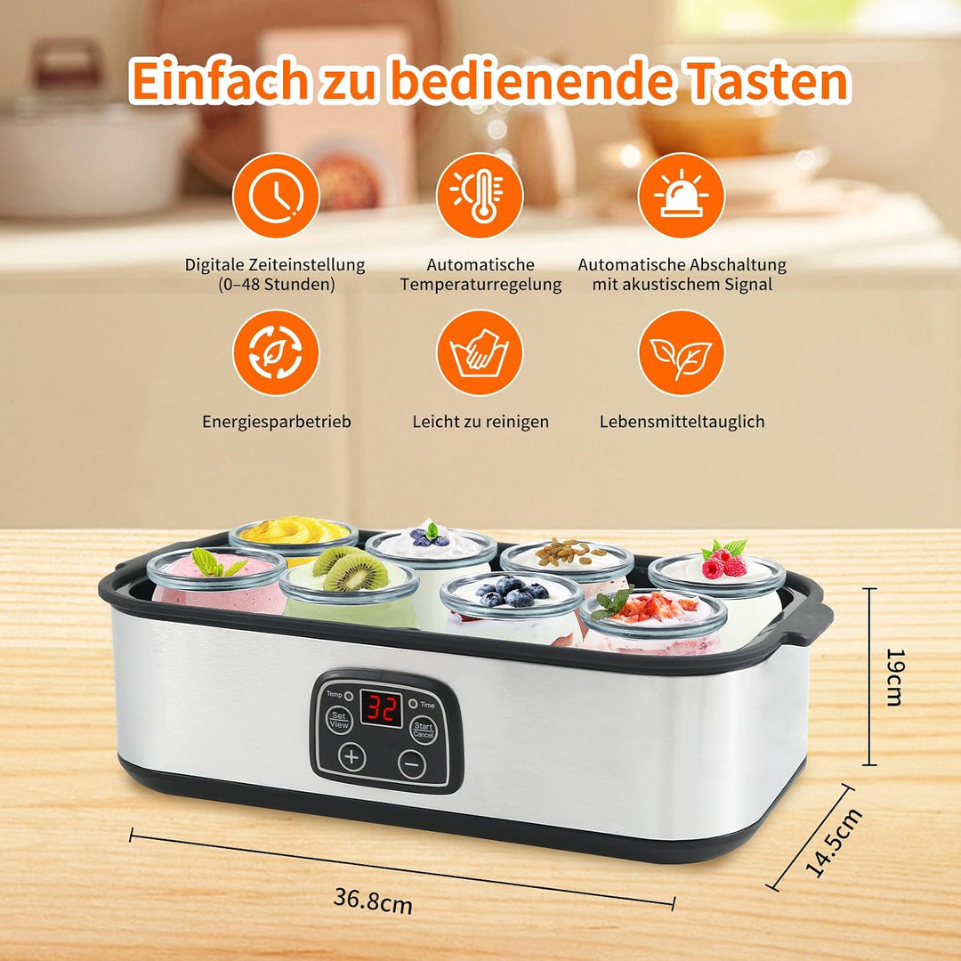 Joghurtbereiter, Digitaler Yogurt Maker, 8 Glasbehälter à 180 ml für bis 1.5L, Griechischer Joghurtm