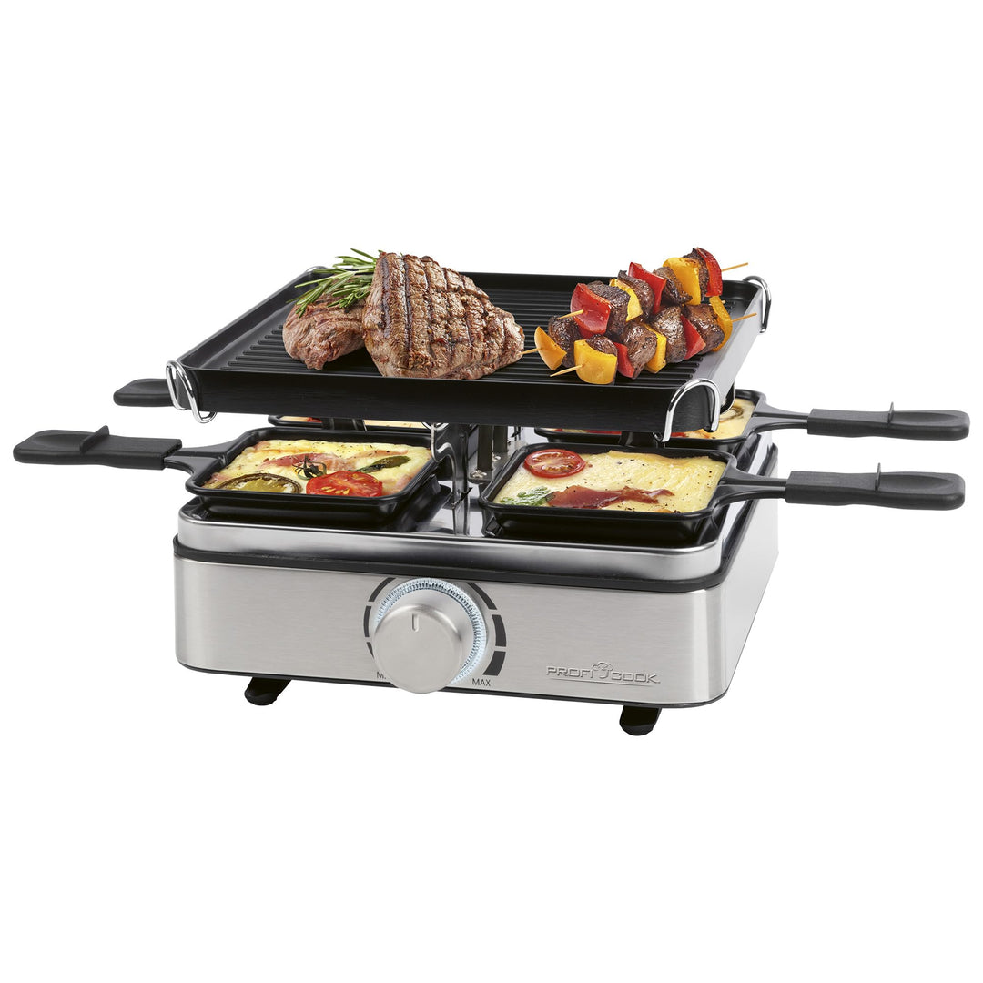 ProfiCook® Raclette 4 Personen | inkl. 4 Pfännchen und 4 Holzspachtel | Wendegussplatte für gleichmä