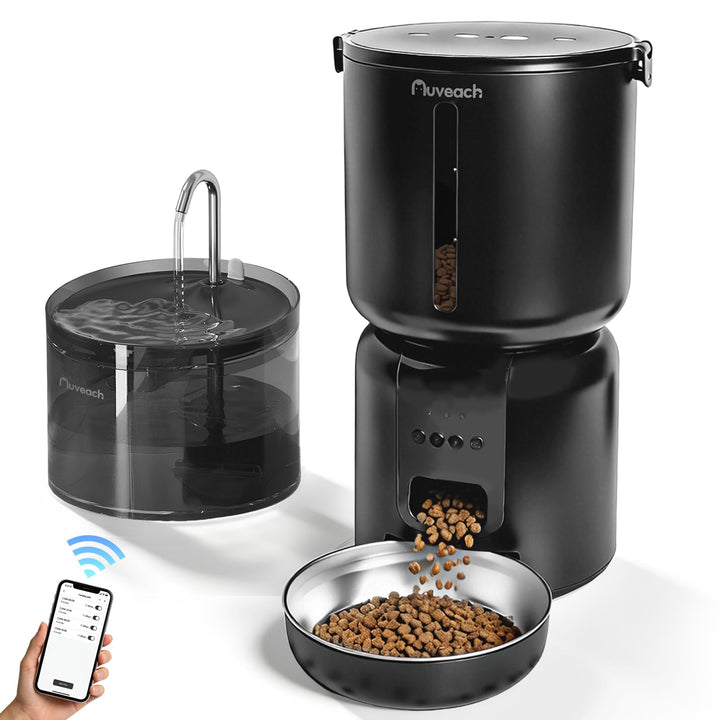 Auveach Futterautomat Katze und Katzenbrunnen Set - 4L 2.4G WiFi Futterspender mit Programmierbarem