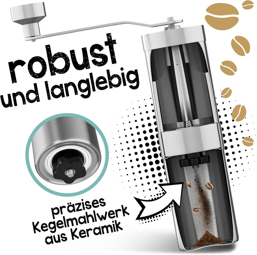 Morgenheld Kaffeemühle Edelstahl manuell stufenloses Keramikmahlwerk mechanische Hand Kaffee Mühle K