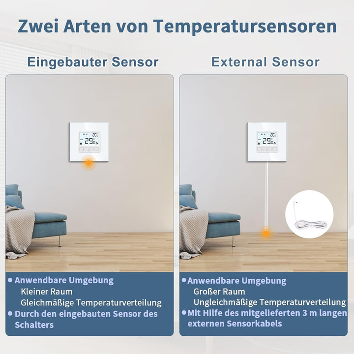 CNBINGO Digitaler Raumthermostat Unterputz mit Fühler, Thermostat für Wasser Fussbodenheizungen und