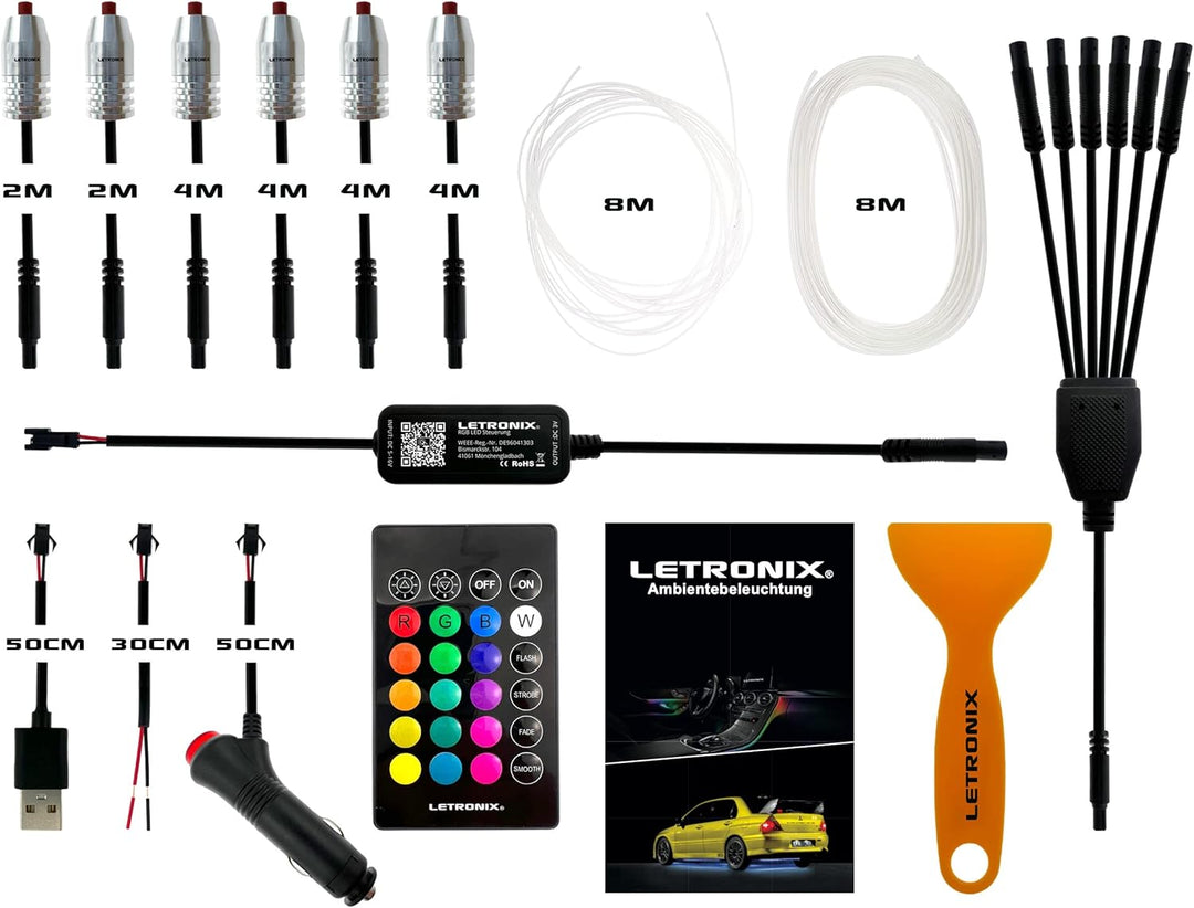 letronix RGB LED Ambientebeleuchtung *Wired Serie* 6 LED Module 8M Lichtleiter mit Bluetooth App Ste