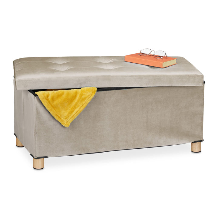 Relaxdays Sitzbank mit Stauraum, Polster, Samtbezug, Holzfüsse, bis 120 kg, faltbar, Sitztruhe HBT:
