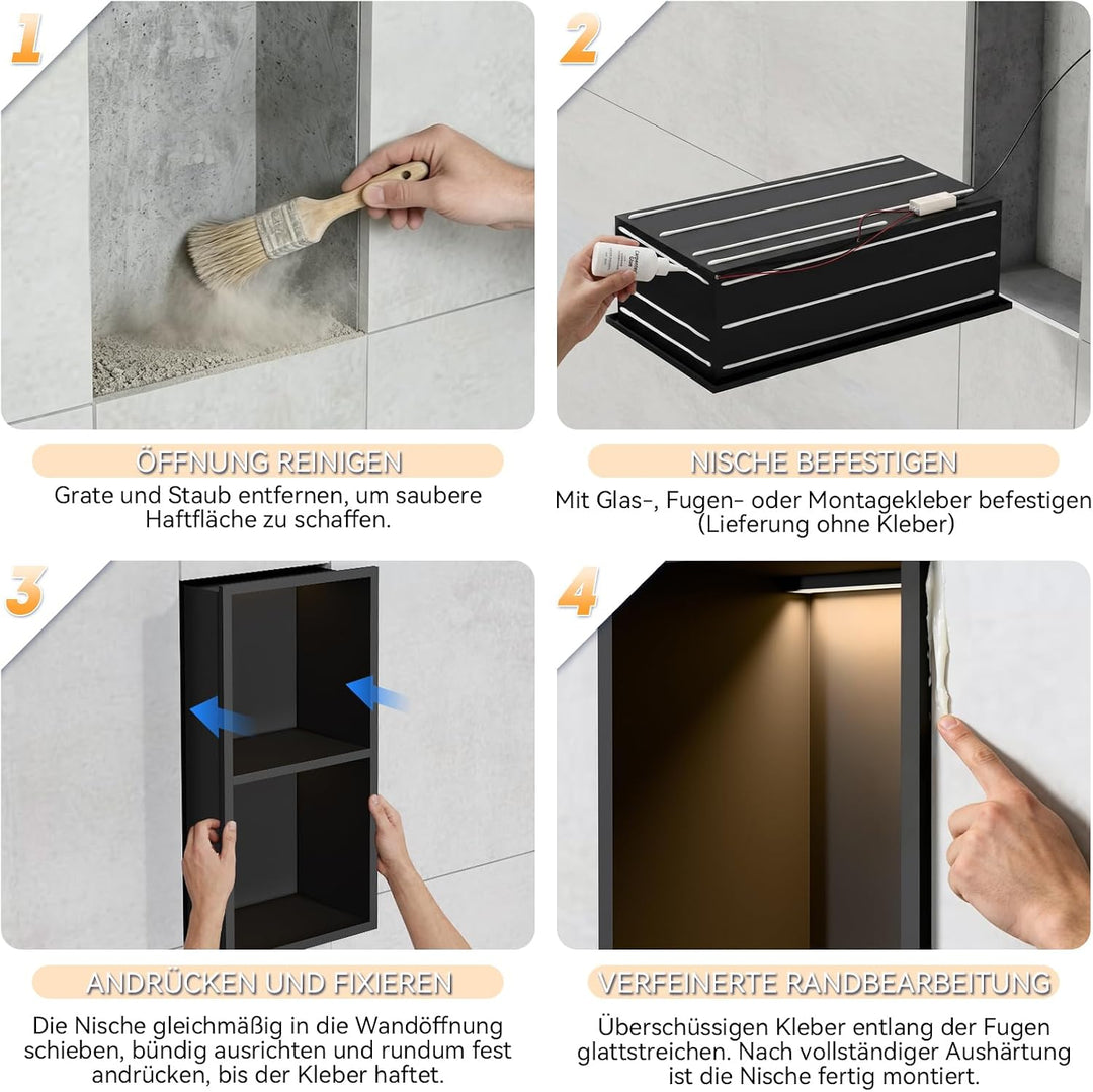 60 x 30 cm Wandnische Dusche, 304 Edelstahl Eingebettete Duschnische mit LED-Beleuchtung &amp; Transform