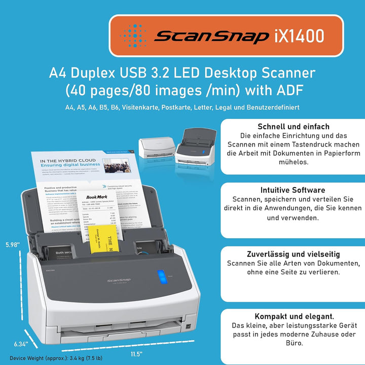 ScanSnap iX1400 Desktop Dokumentenscanner - A4, Duplex, USB 3.2 mit ADF, PA03820-B001