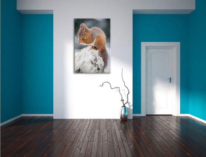 Pixxprint Kleines Eichhörnchen im Winter als Leinwandbild/Grösse: 100x70 cm/Wandbild/Kunstdruck/fert