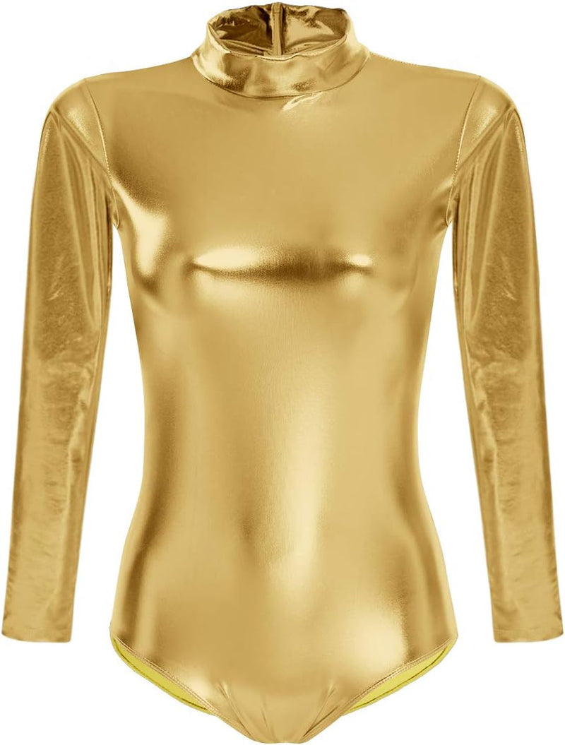 FYMNSI Damen Glänzende Ballettanzug Ballettbody Sport Tanz Body Gymnastikanzug Trikot Langarm Bodysu
