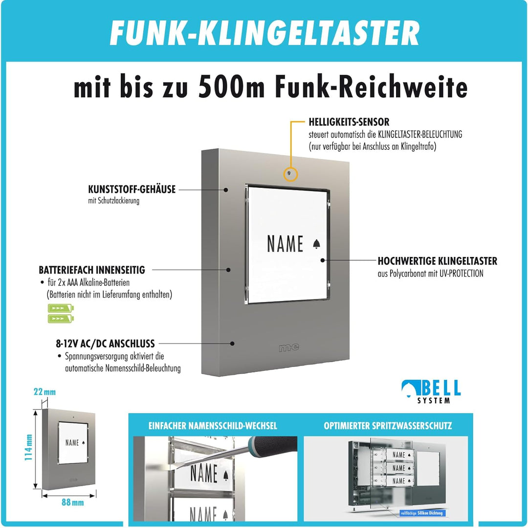 m-e Funkklingel BELL-531 Silber mit Sender und Empfänger für 1-Familienhaus | Erweiterbare kabellose