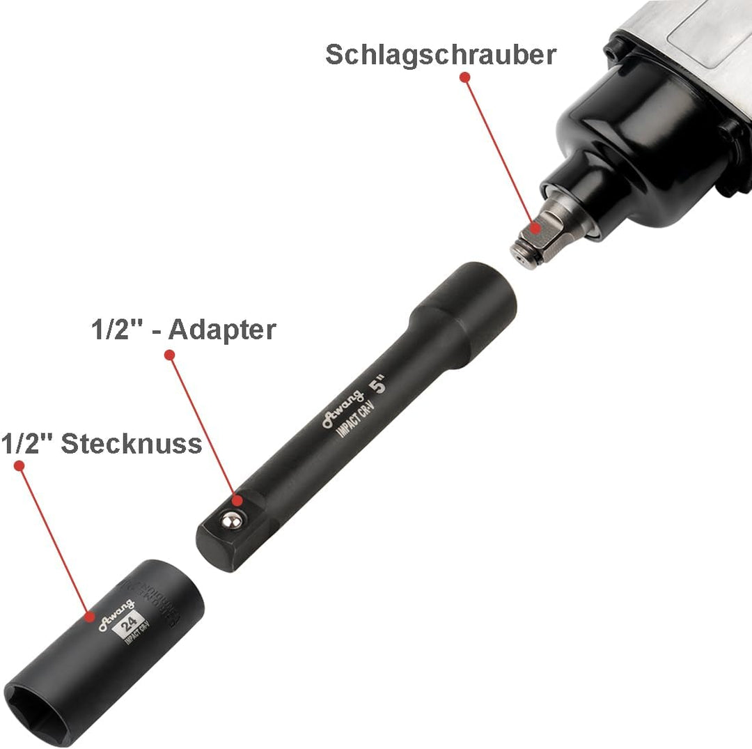 Awang Kraft Schlagschrauber-Nüsse Set 1/2" 8-24mm Schlagnuss-Satz mit 5, 10-inch Verlängerungsstange