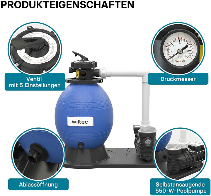 Wiltec Sandfilteranlage 550 W mit 38l Filtertank und selbstansaugender Pumpe 18000 l/h, Sandfilterpu
