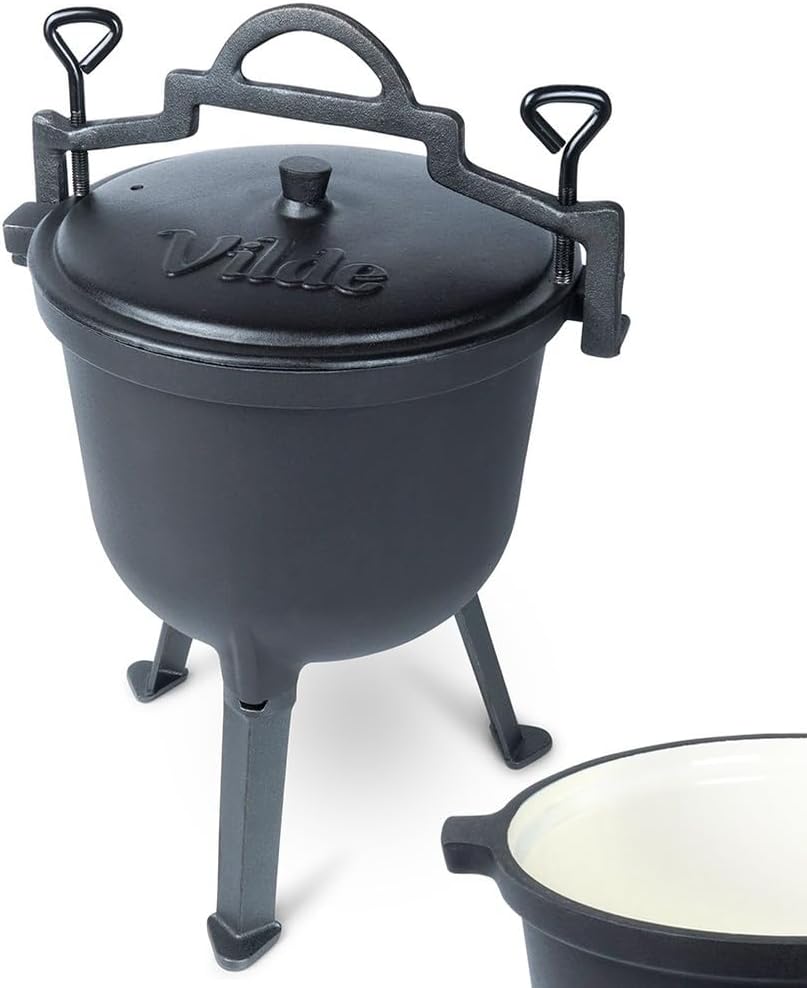 Vilde Gusseiserner Kessel auf Füssen mit Deckel - 8 Liter Hexenkessel Gusseisen Schwarz - Ideal für