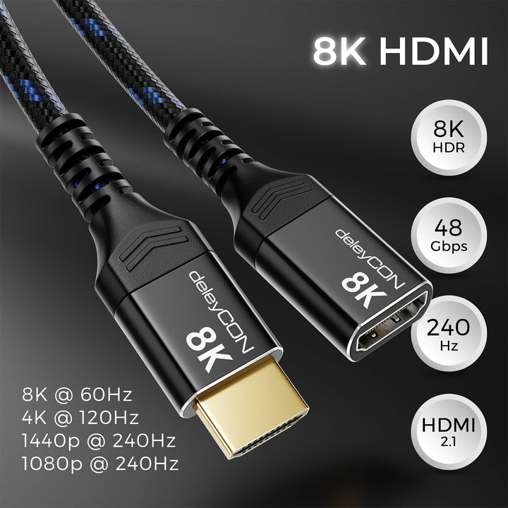 deleyCON 5m 8K HDMI 2.1 Verlängerungskabel - für TV, Monitor, PS4, PS5, Xbox, Dolby Atmos Soundbar e