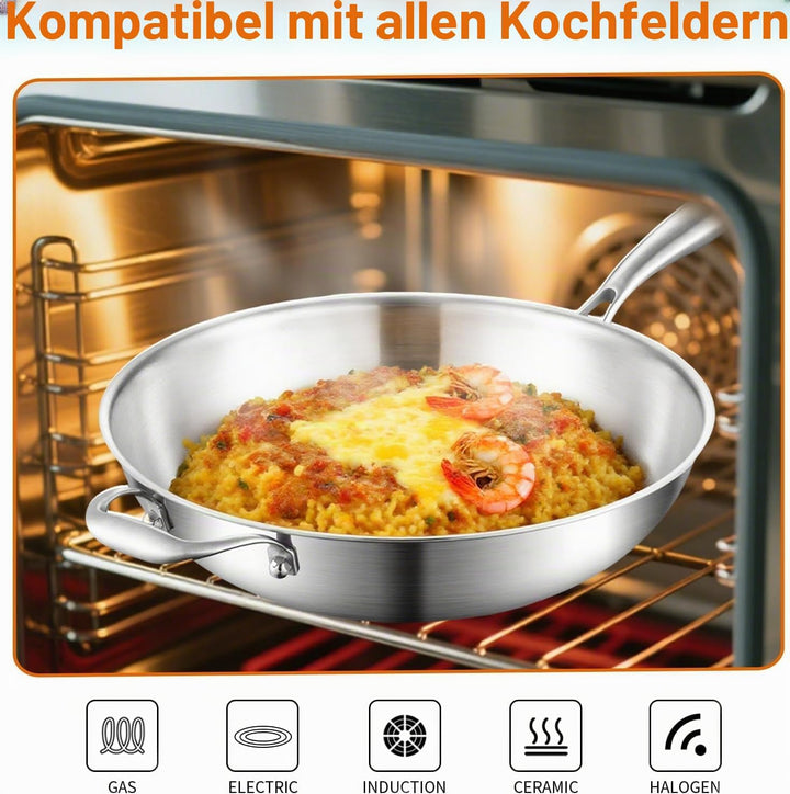 Wokpfanne Unbeschichtet Induktion 30cm: 3-Schichtige Edelstahl Wok,Frei von PFOA,PTFE,mit Deckel und