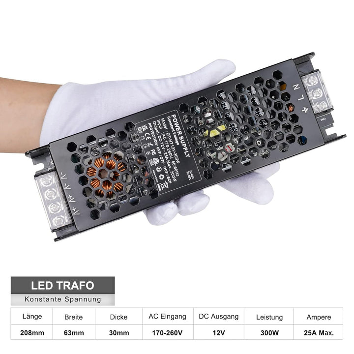 REYLAX LED Trafo 12V 300W, Trafo 230V auf 12V DC 25A, Kompakter Extra Dünn 12 Volt Netzteil LED Trei